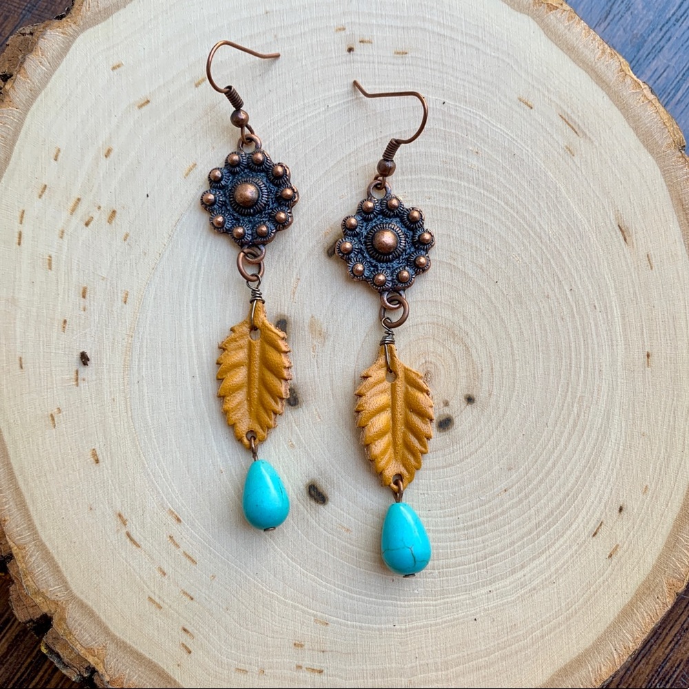 Boho Copper Leather Feather Earrings